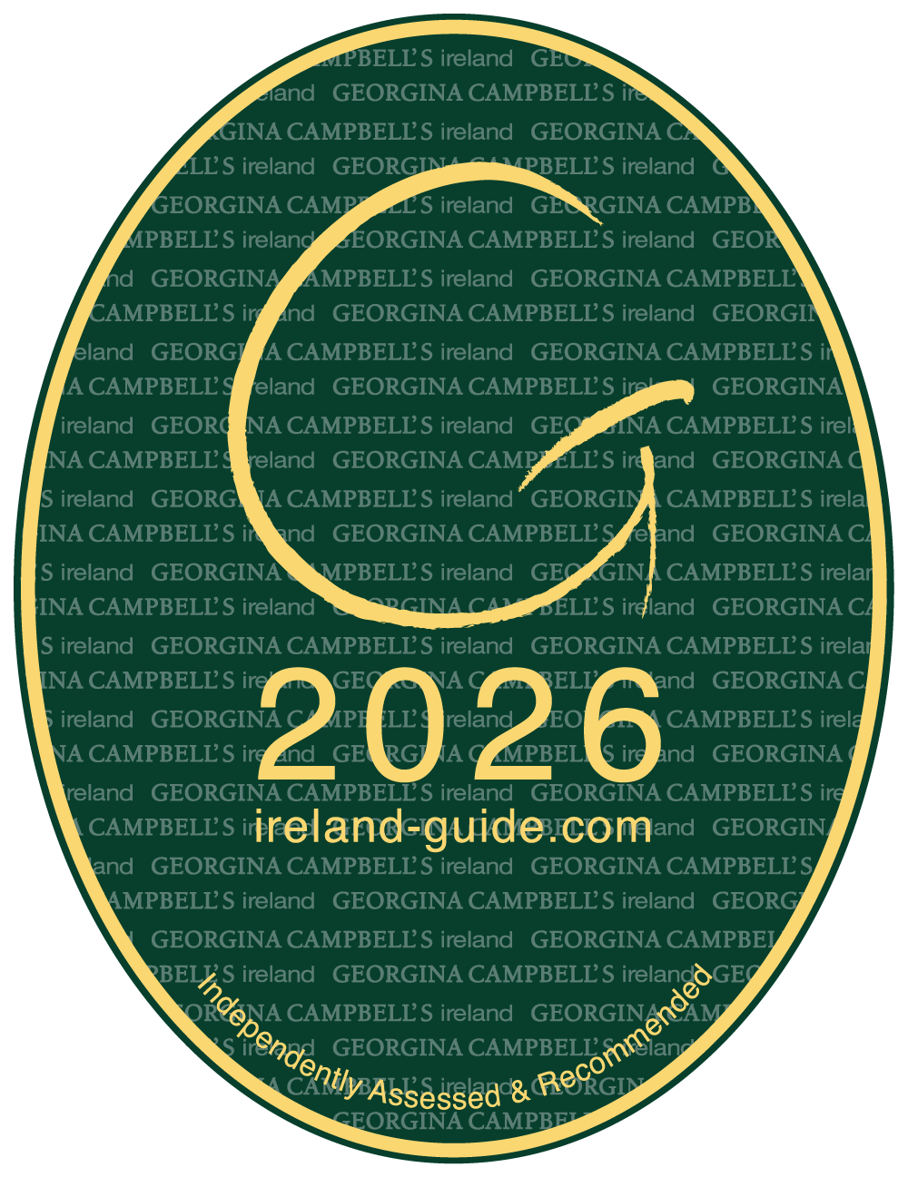 Green badge with '2026', a swirl design, and text 'ireland-guide.com, Independently Assessed & Recommended'.