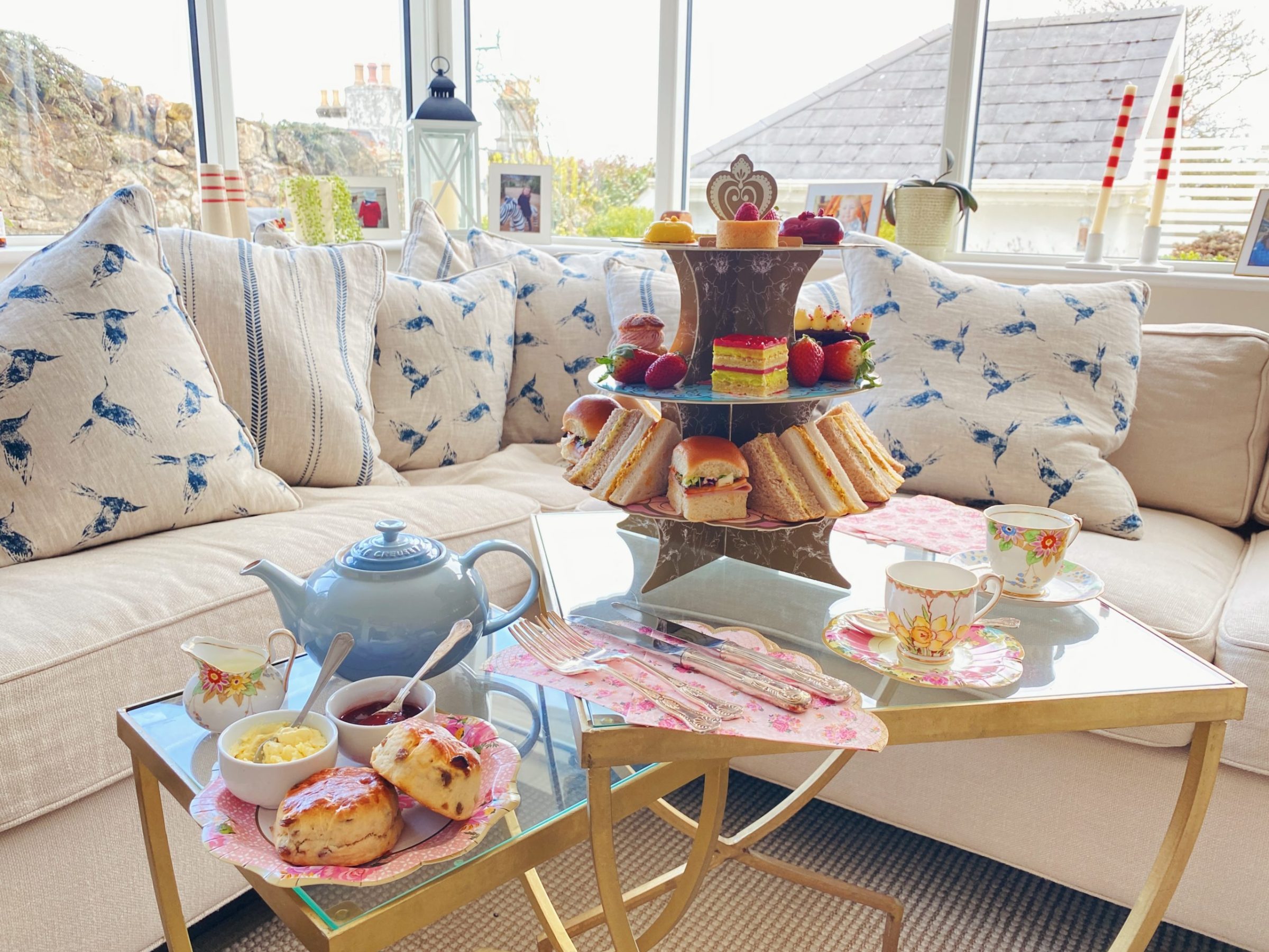Afternoon tea set up in a cosy sitting room