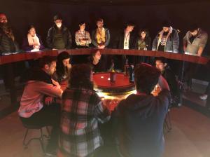 a group of people standing in front of a crowd