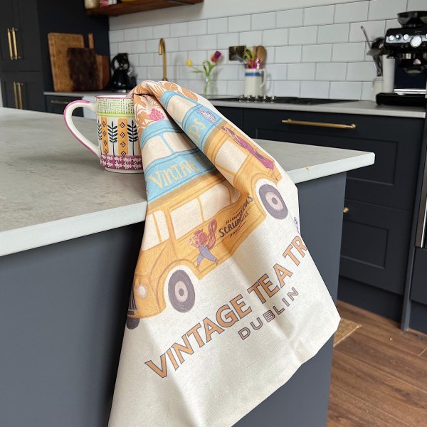 vintage tea trips tea towel