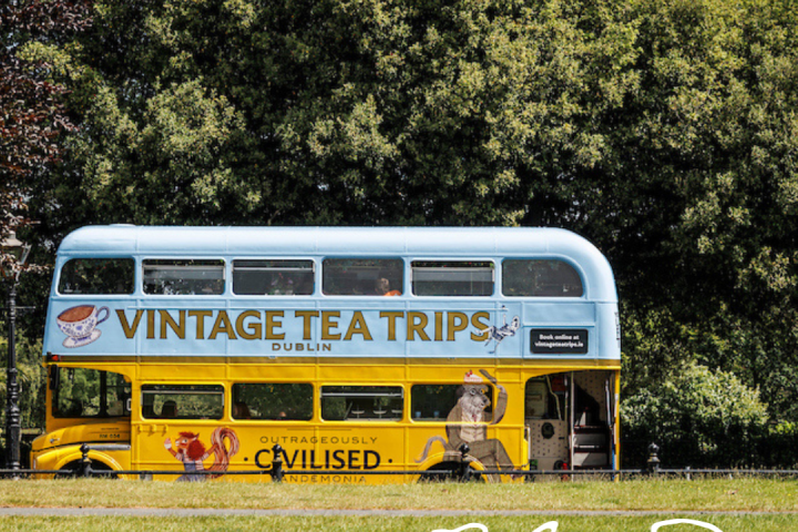 Vintage tea bus in park, text: Bloomsday Festival, 11-16 June 2026.