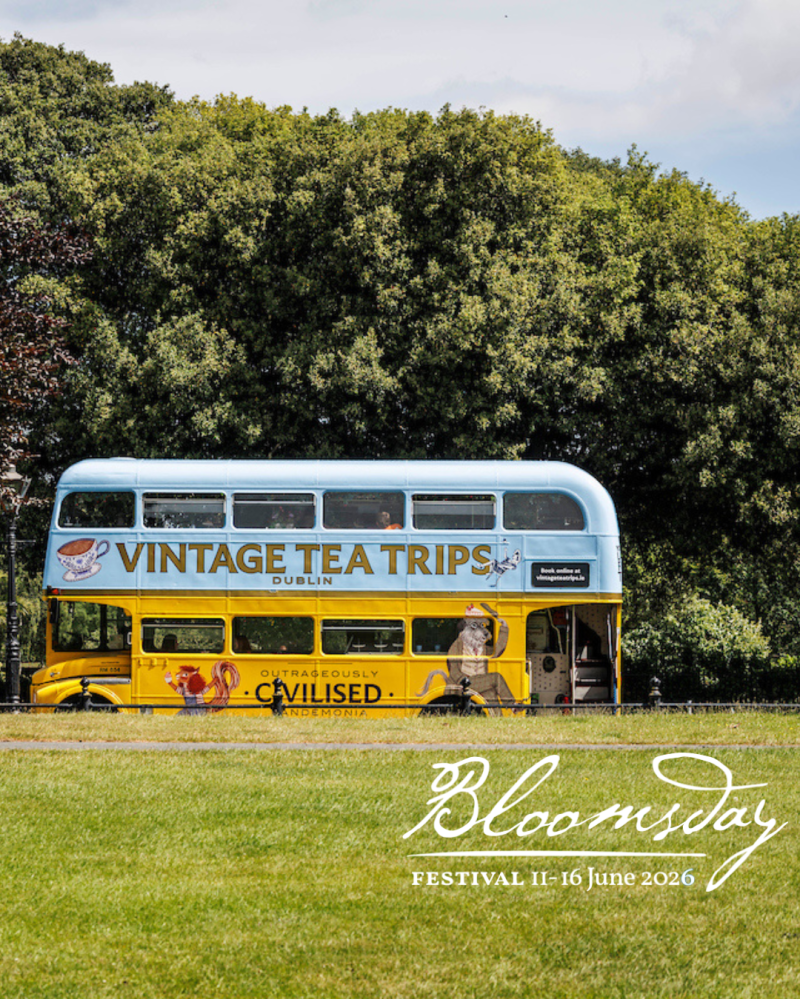 Vintage tea bus in park, text: Bloomsday Festival, 11-16 June 2026.