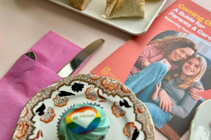 Table with sandwiches, a cupcake, and a brochure for BelongTo beside a window.