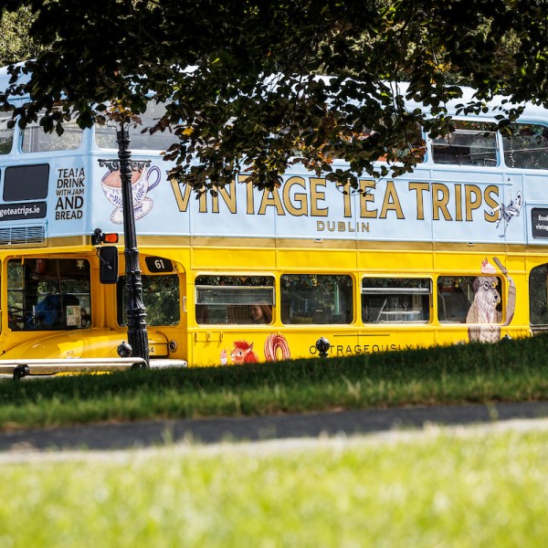 a double decker bus driving down a street