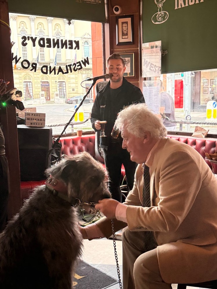 Man in a suit petting a large dog inside a cozy pub with a musician in the background.
