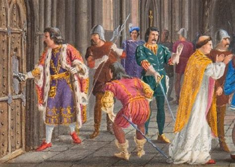 Medieval scene with people in colorful attire outside a wooden door.