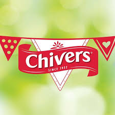Chivers logo on red and white bunting with green blurred background.