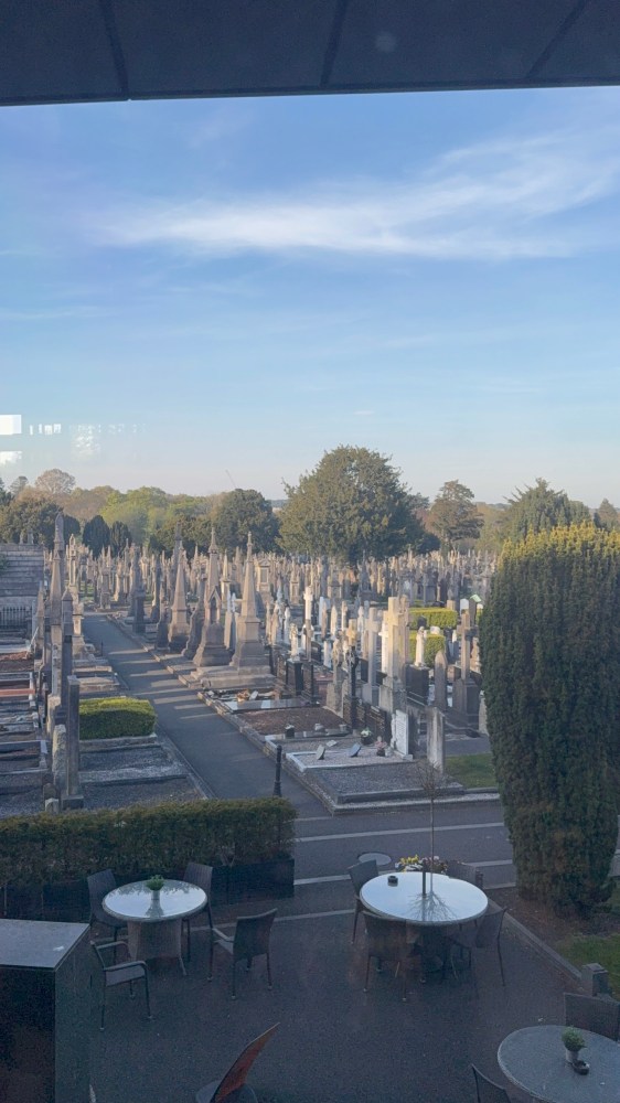 Cemetery with rows of tombstones under a blue sky, view from a window.