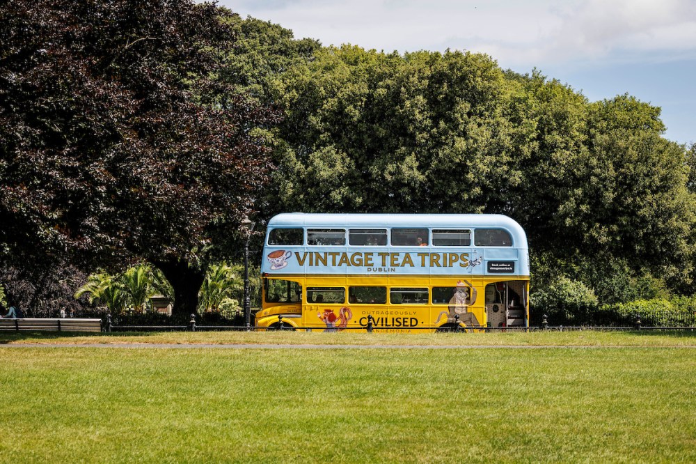 Vintage tea bus parked by trees in a park.