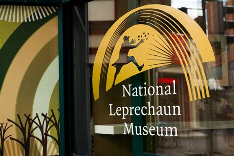 Sign for the National Leprechaun Museum with a leprechaun silhouette and rainbow graphic.