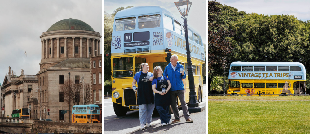 Three-part image: historic building with a yellow bus, people near a vintage bus, a yellow-blue bus on grass.