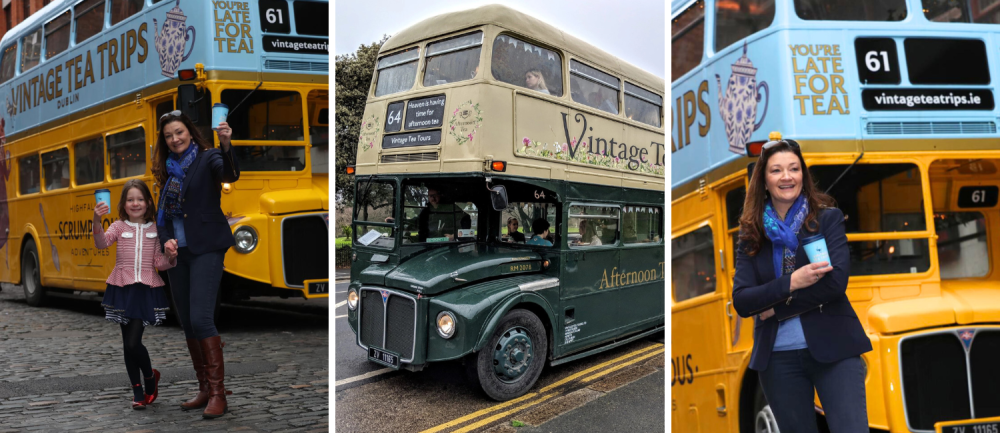Collage of three images - Vintage double-decker buses with people holding cups with a tea logo. Green and cream bus and Karen the owner in front of the vintage bus