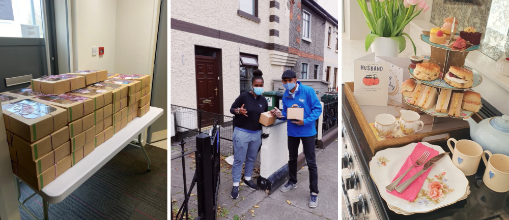 Collage of three images - Boxes on table, two people wearing masks with boxes, and tea set with treats on table.