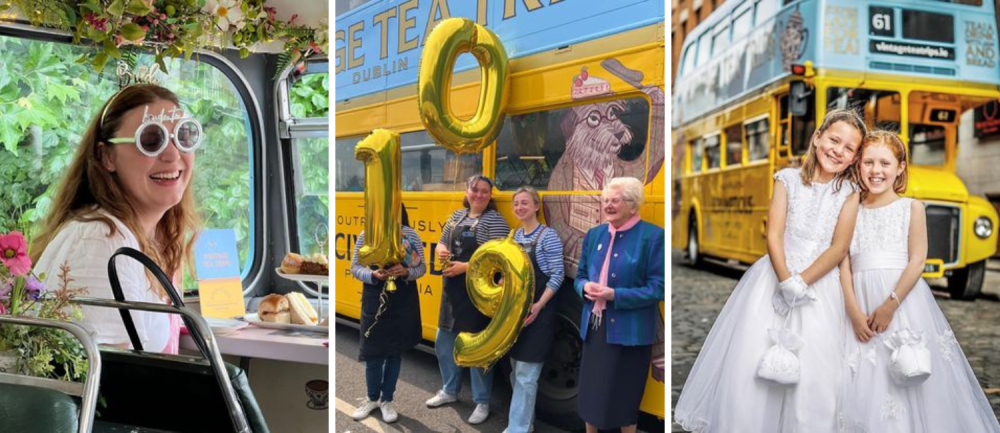 Woman in bus, group with '19' balloons, two girls in white dresses near yellow bus.