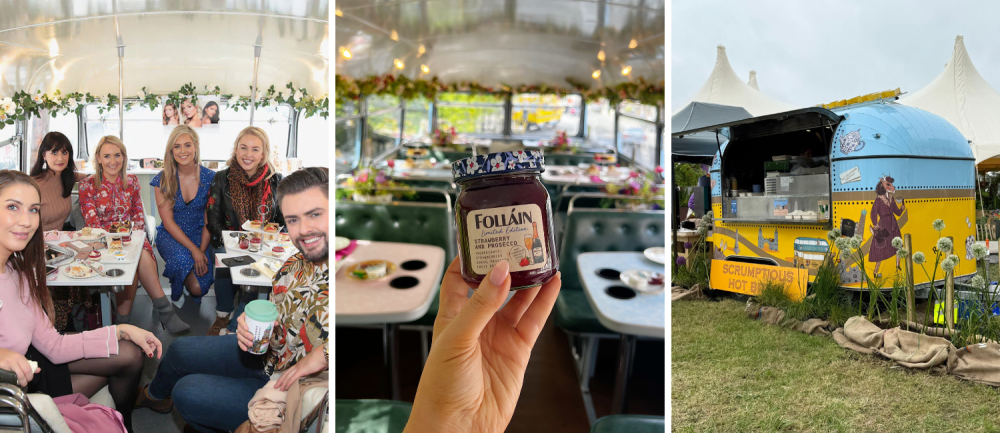 People dining in a decorated bus, holding jam jar, food truck at outdoor event.