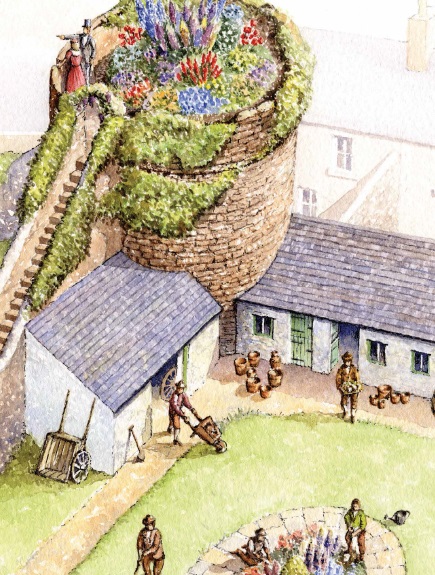 Illustration of people in a medieval garden with a stone structure and colorful flowers.