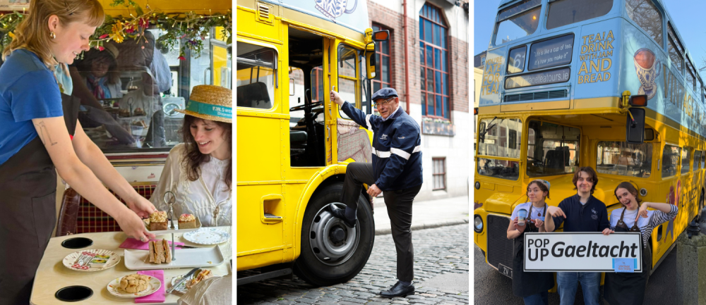 People enjoying food and vintage buses in vibrant urban scenes.