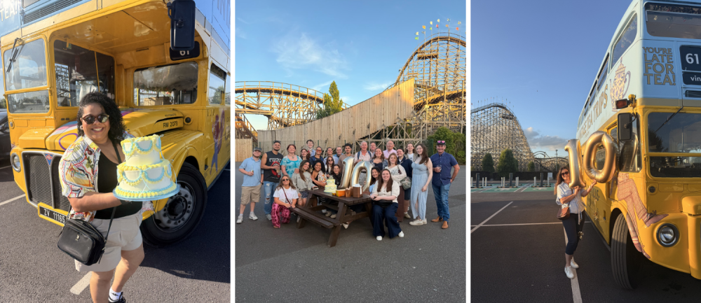 Collage: Woman holds cake by yellow bus, group at picnic near roller coaster, yellow bus with circular objects.