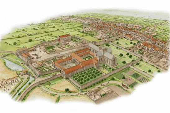 Illustration of a medieval abbey and village with walls and surrounding fields.
