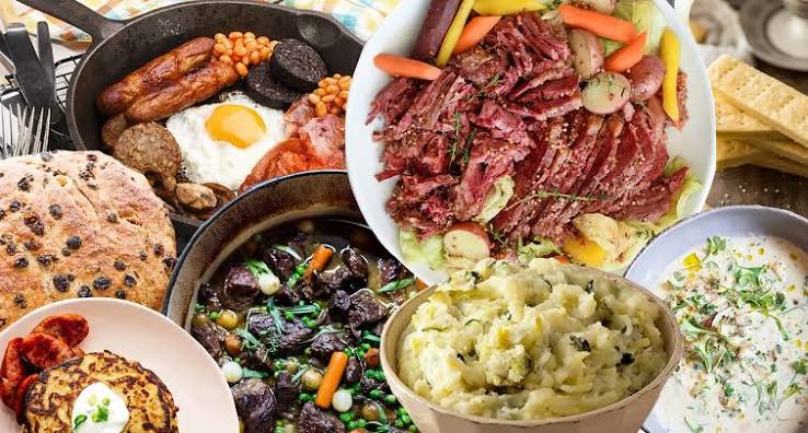 Variety of traditional Irish dishes, including corned beef, potatoes, and a hearty breakfast.