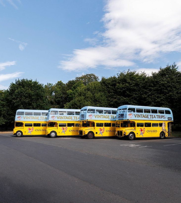 Four yellow vintage double-decker buses parked in a row near trees under a blue sky.